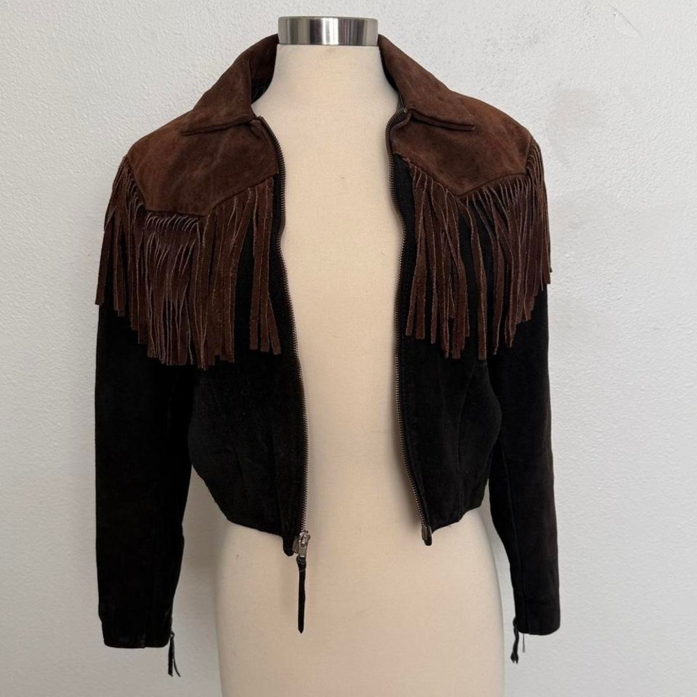 Vintage 70s Fringe Suede Leather Jacket Cropped Western Boho Brown Black - Picture 4 of 10